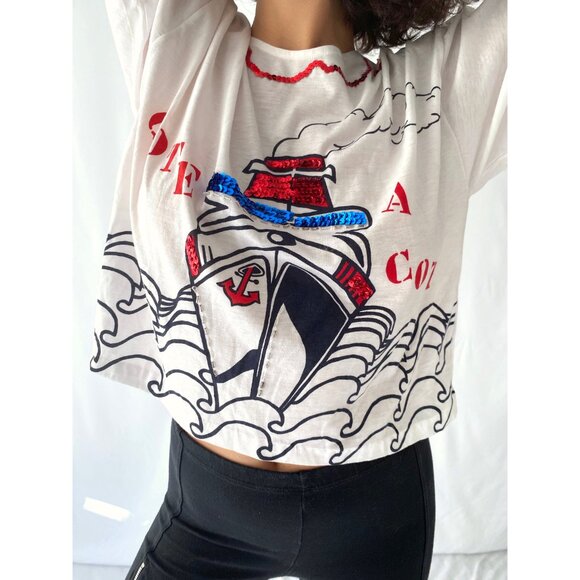 90s vintage novelty nautical sailing sequins cropped cotton tee shirt crop top - Picture 4 of 9
